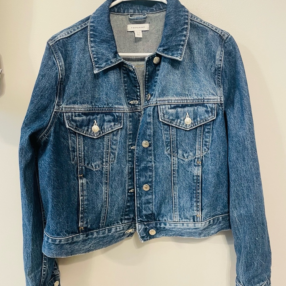 Topshop Blue Jean Jacket Cropped Distressed